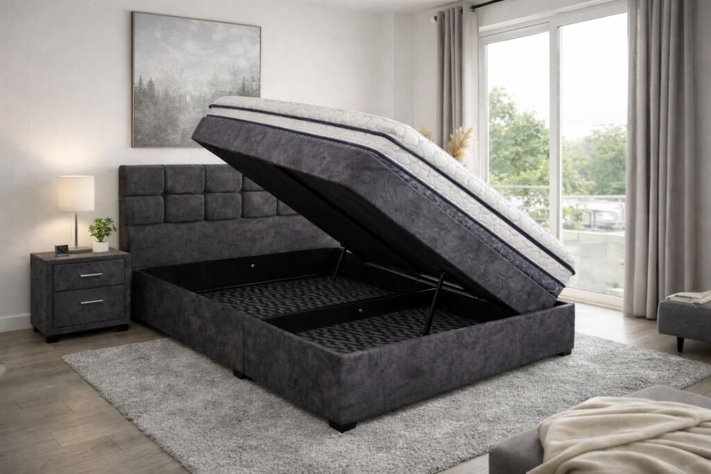 Base cama con baúl tapizada color gris en habitación moderna