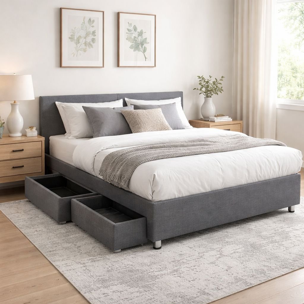 Base cama con cajones tapizada color gris en habitación moderna