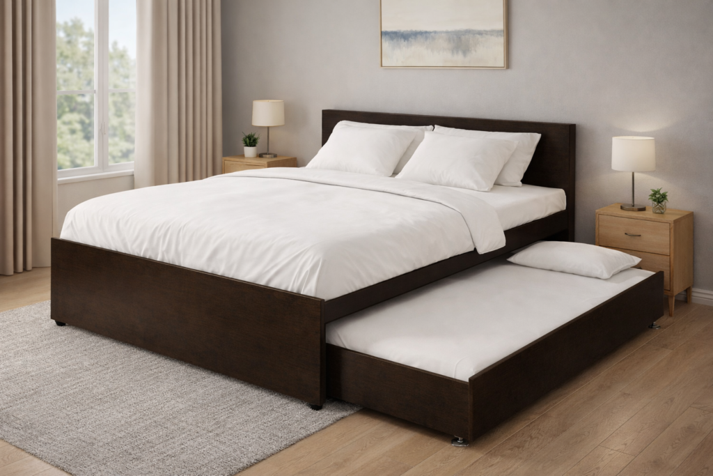 Base cama con cama auxiliar tapizada color gris en habitación moderna